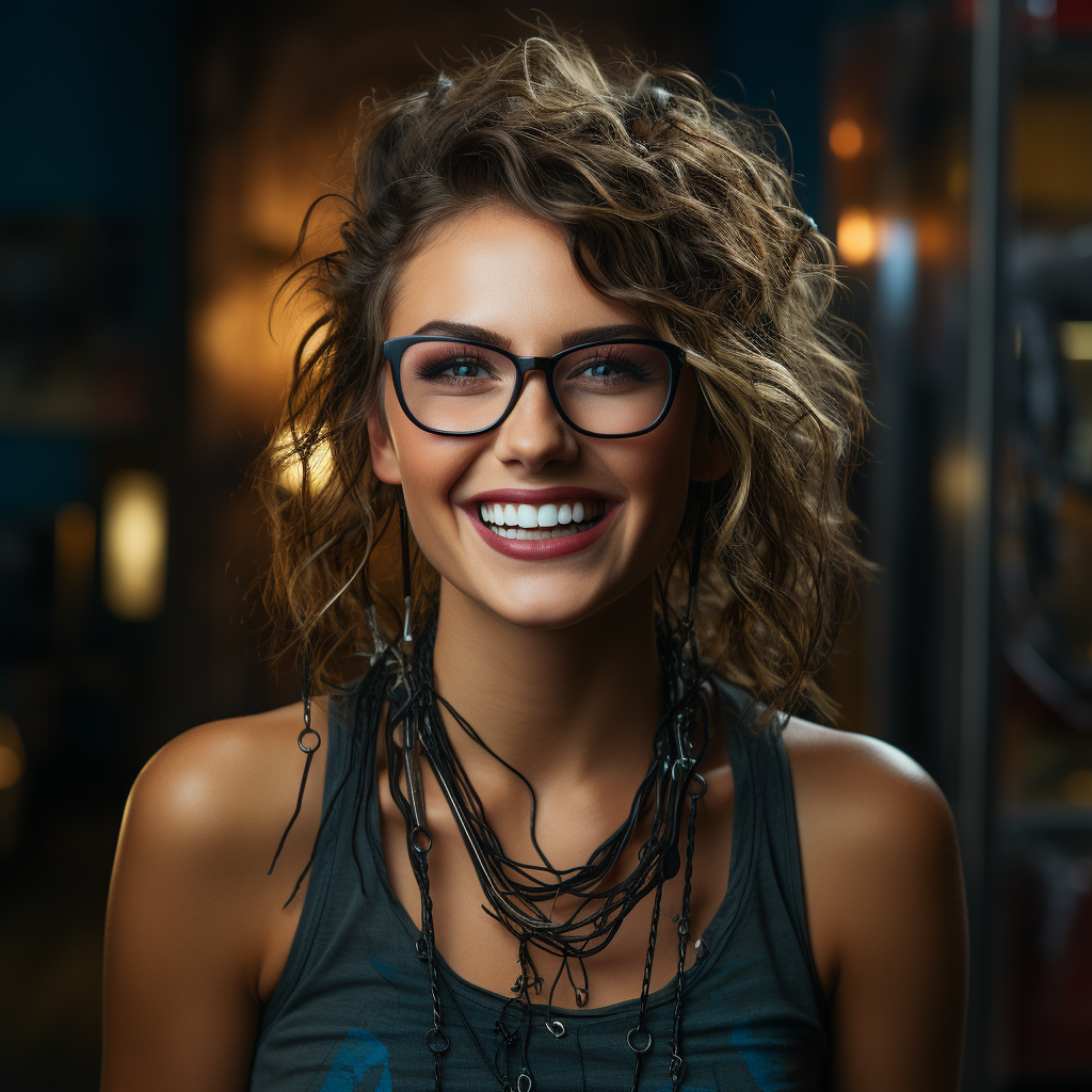 Beautiful woman with braces showing teeth