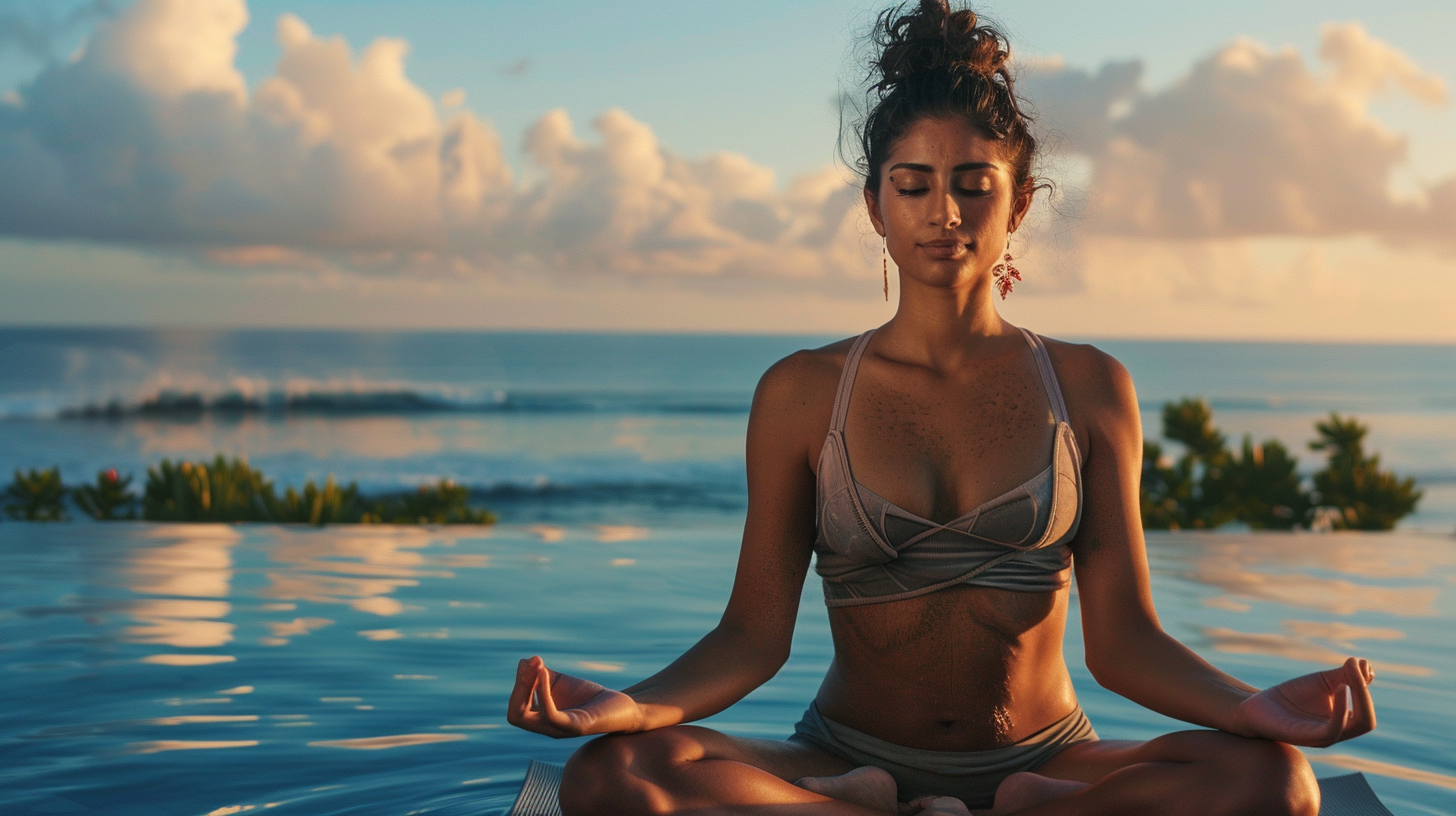 Woman doing yoga by ocean