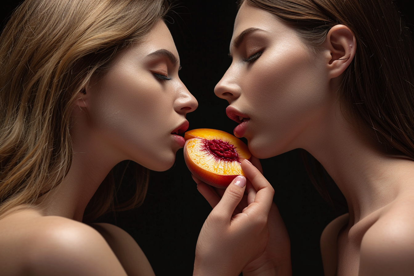 Two beautiful women enjoying a juicy peach slice