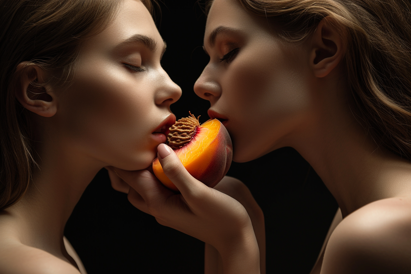 Two women sharing a juicy peach