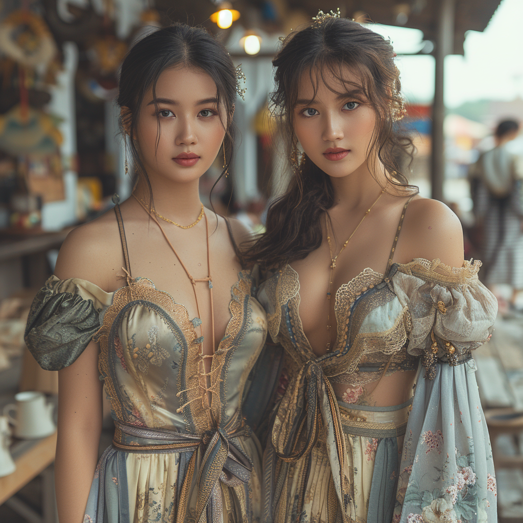 Women in Thai Traditional Clothes on Road