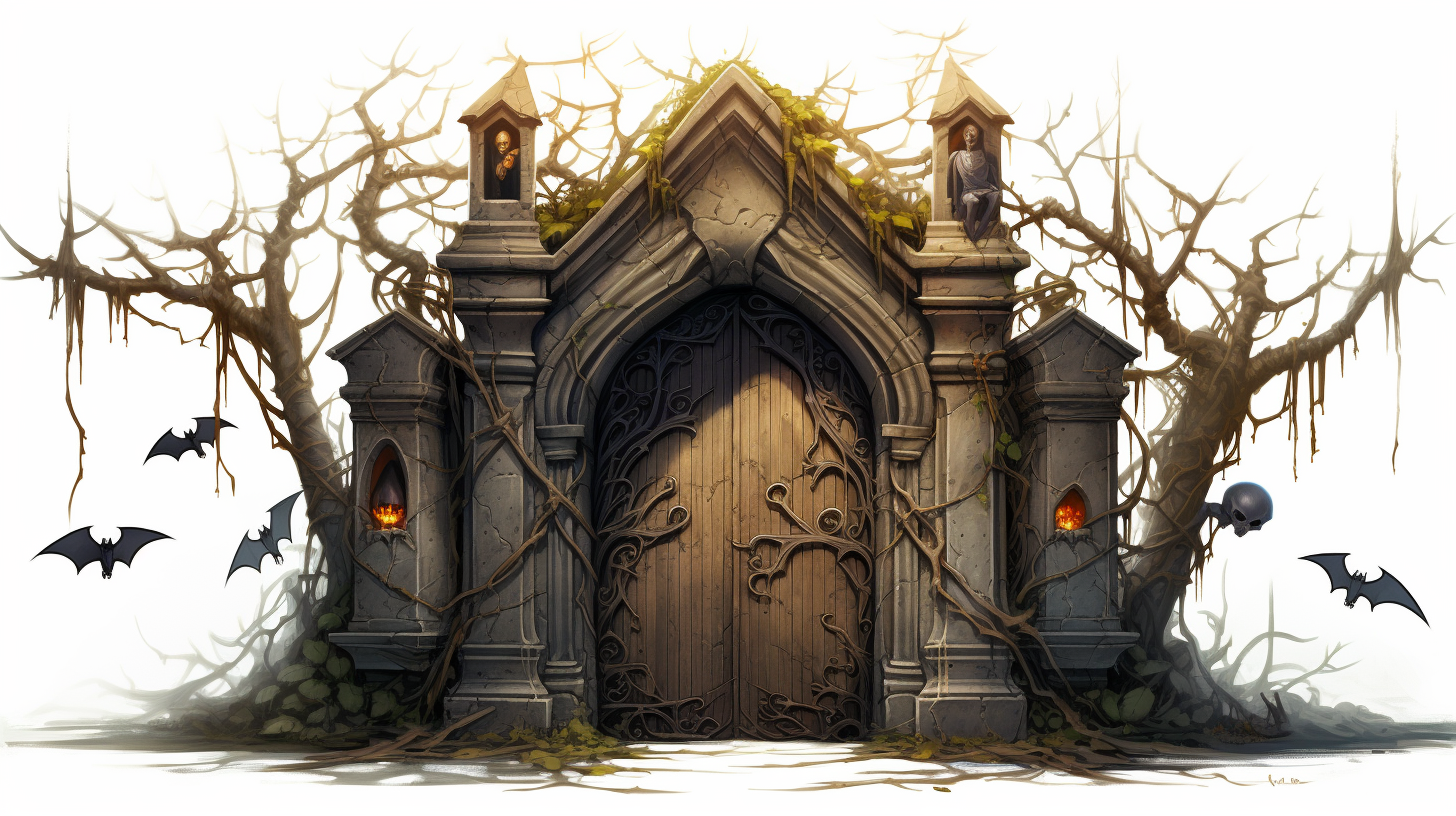 Beautiful wooden door with vines and vampire bats