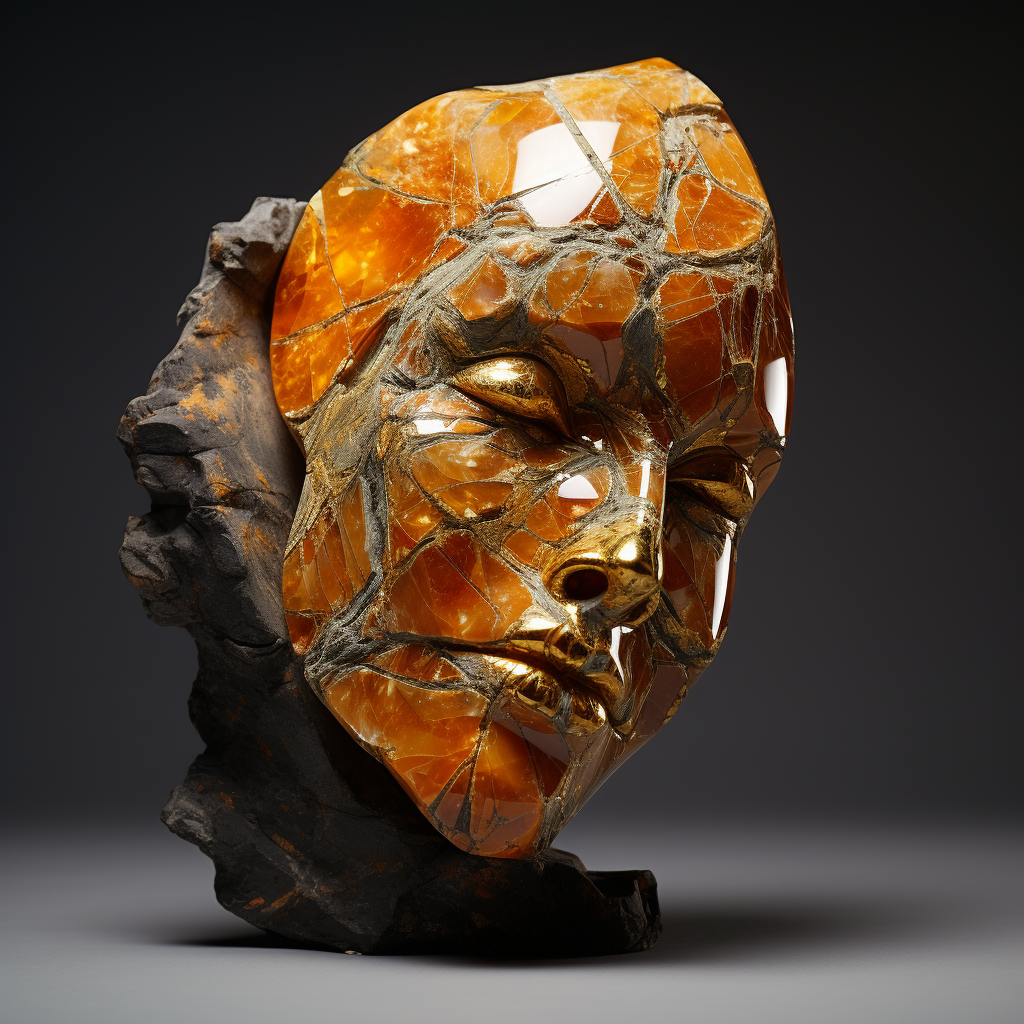 Intriguing face sculpture with golden cracks