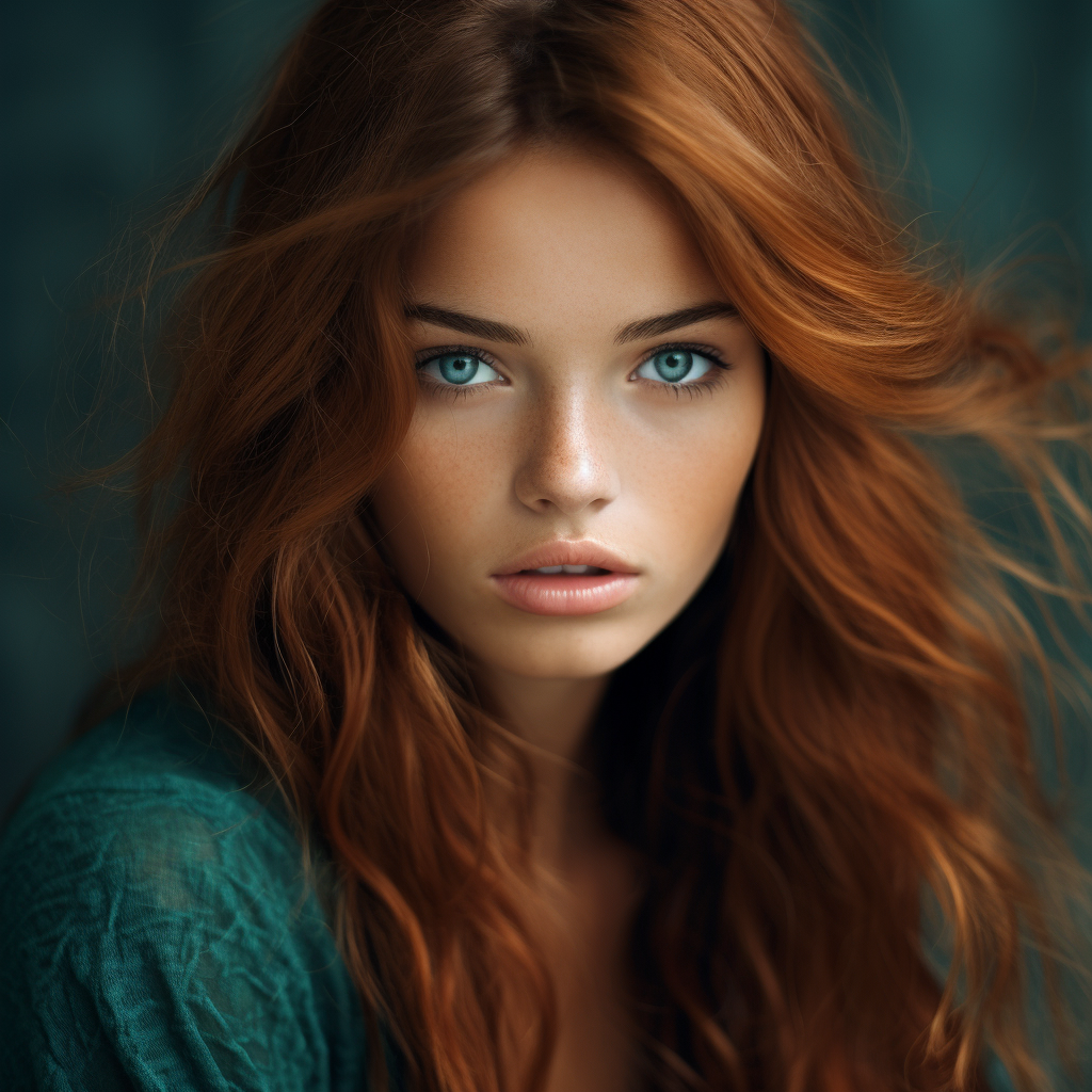 Woman with Dark Copper Brown Hair and Teal Eyes