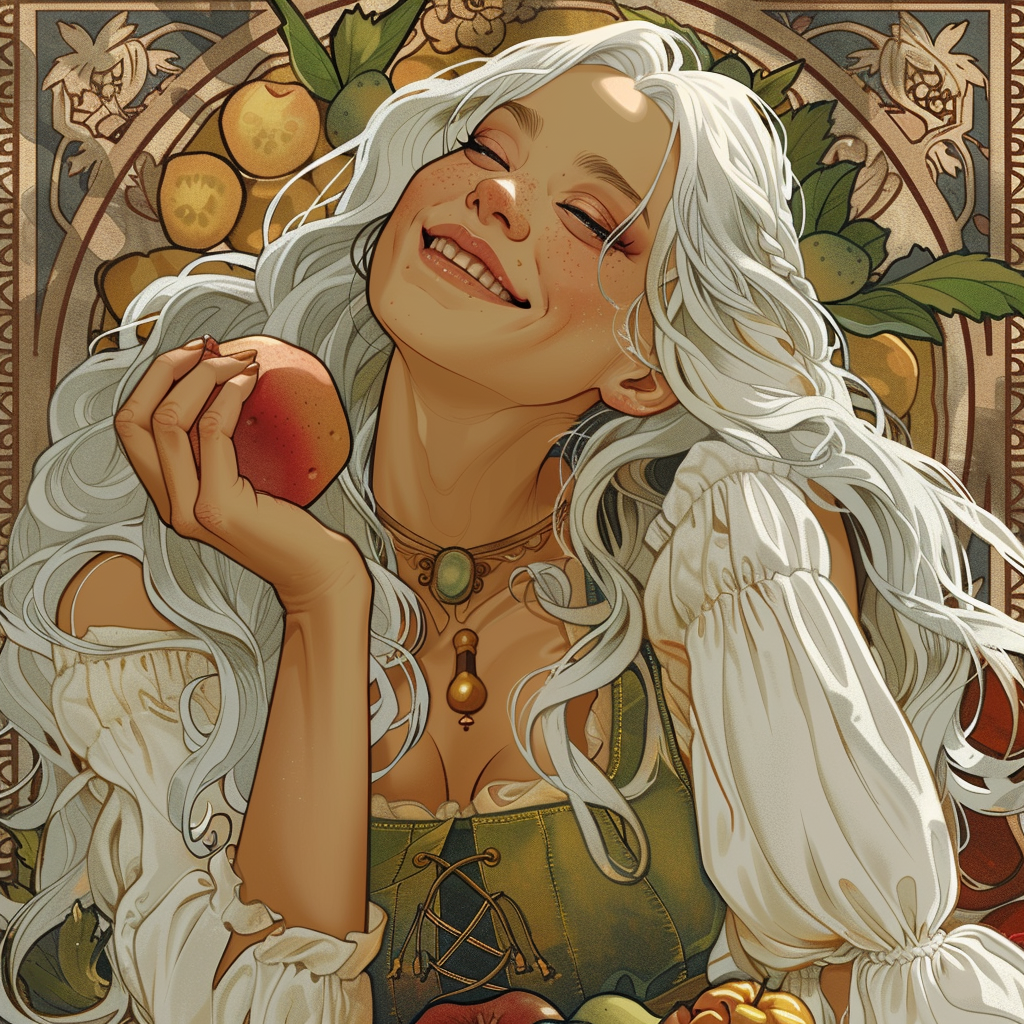 Woman with silver hair eating fruit