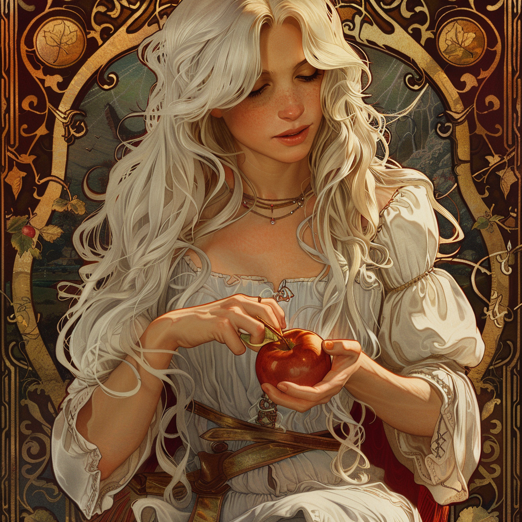 beautiful woman peeling apple art