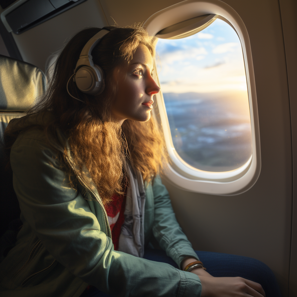 Woman admiring stunning airplane landscape through window