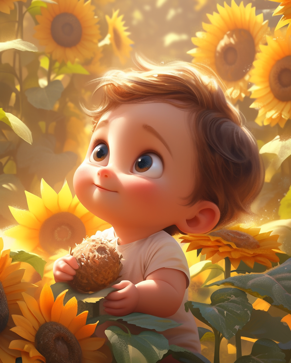 Adorable baby holding sunflower in forest