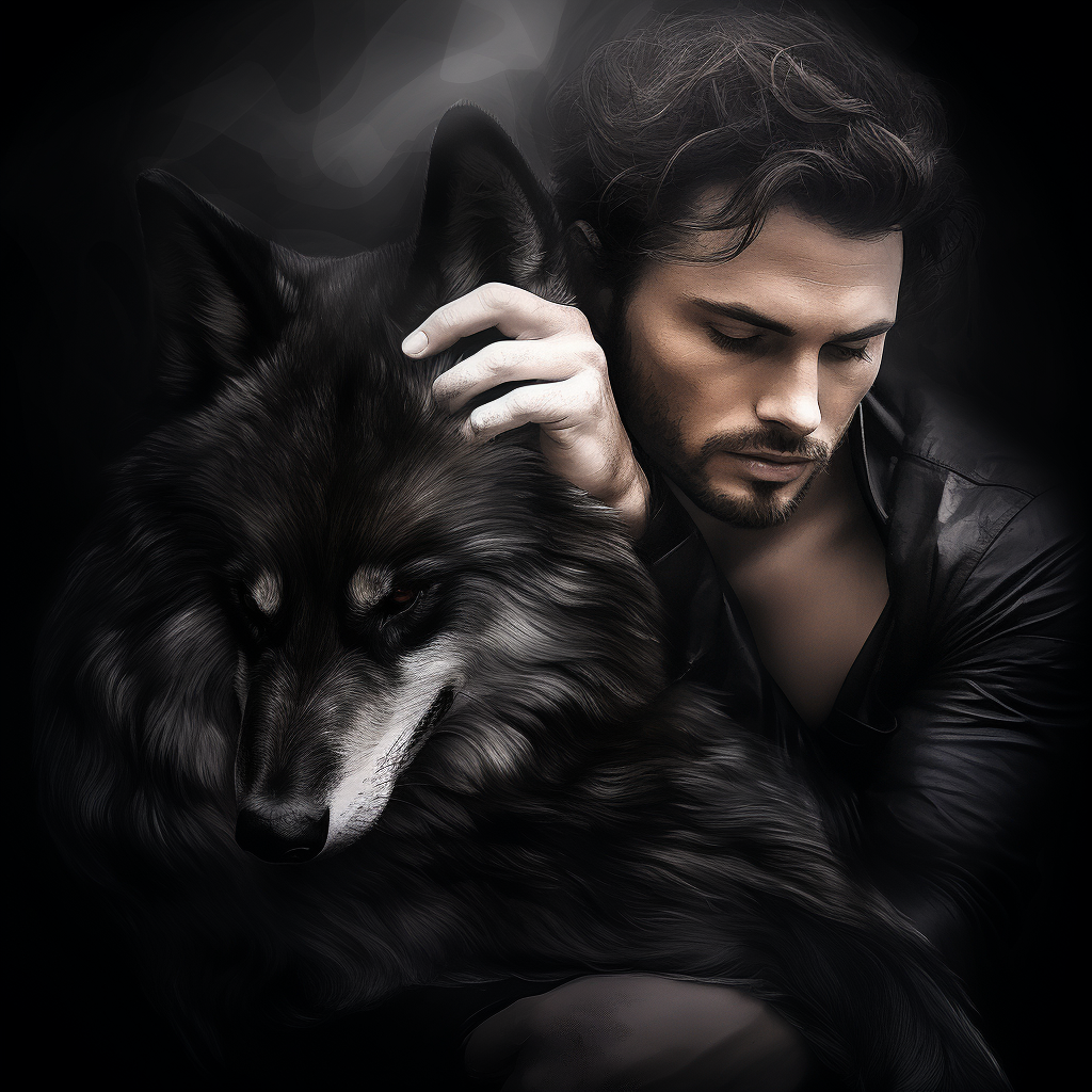 Dark man holding black wolf