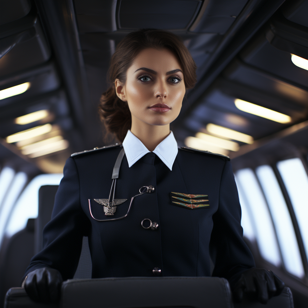 Stunning stewardess posing in hyperrealistic plane photography