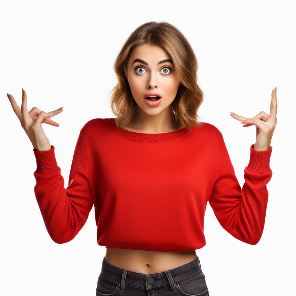 Surprised girl in red clothes pointing right