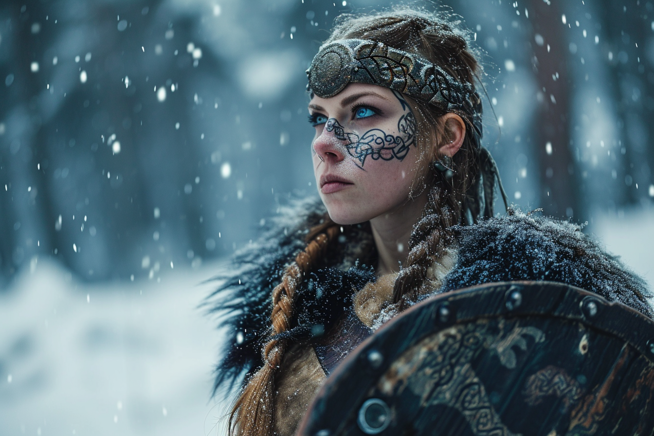 Viking shield maiden with hand axe in snowy forest