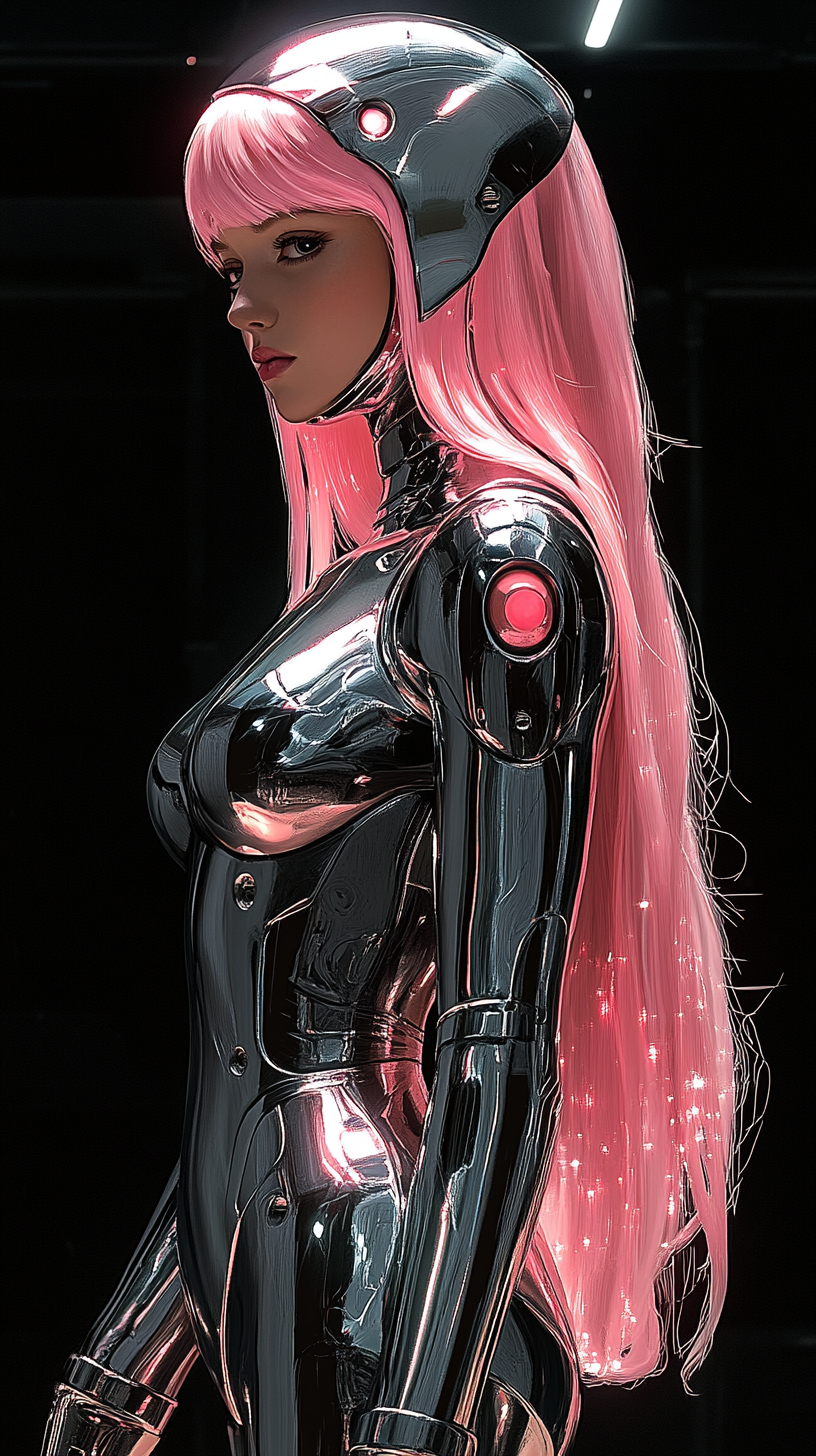 Beautiful villain woman, pink hair, chrome suit