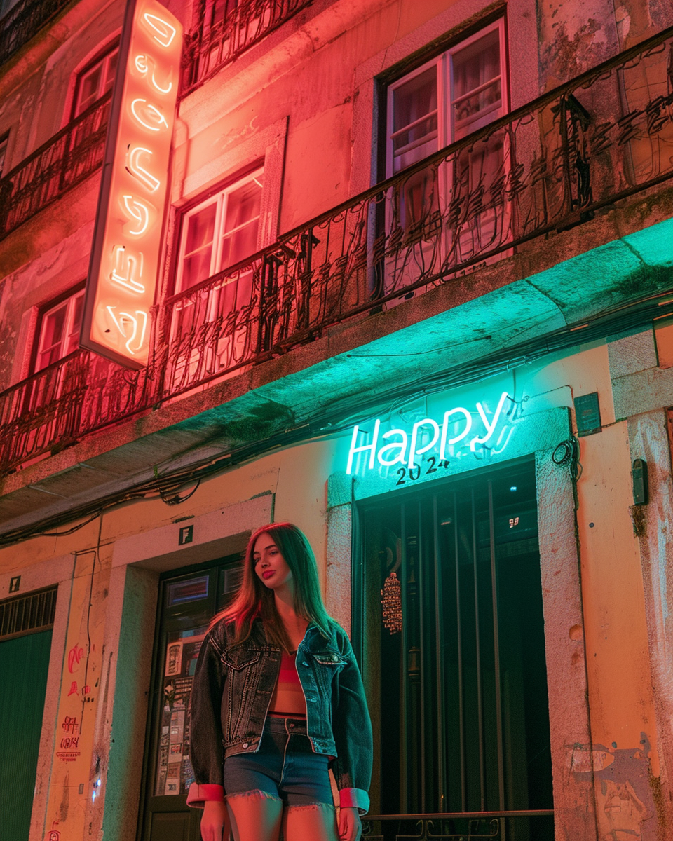 Gorgeous woman in front of neon building