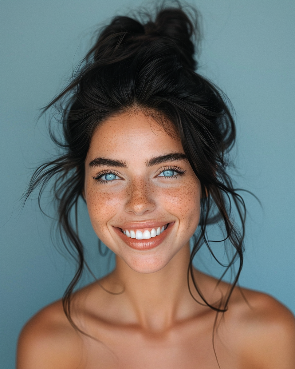 Woman with long black hair and blue eyes smiling