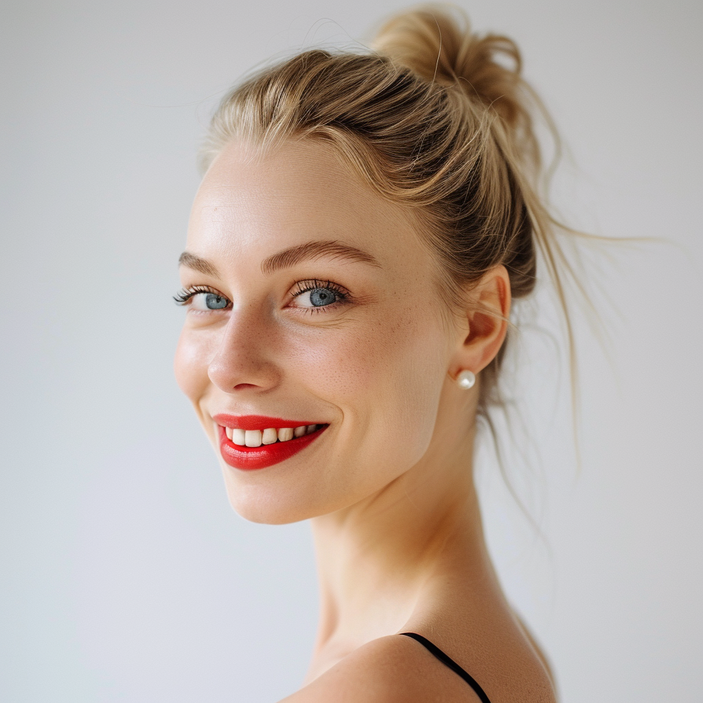 Beautiful woman with high ponytail and pearl earring