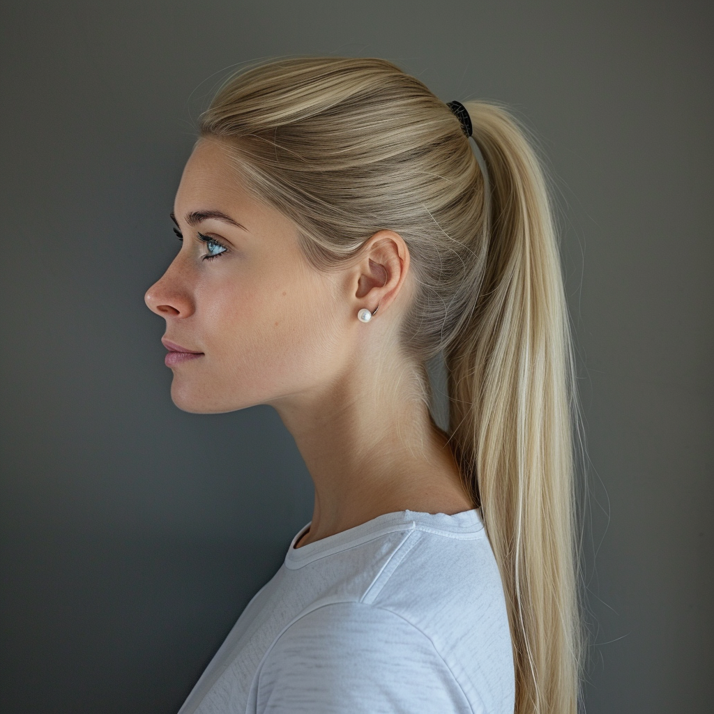 Beautiful woman with blonde hair and pearls