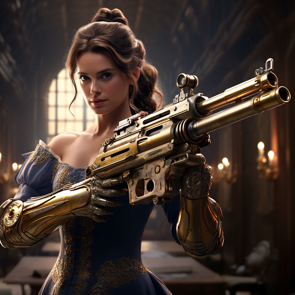 Disney's Beauty and the Beast with Futuristic Railgun Rifle