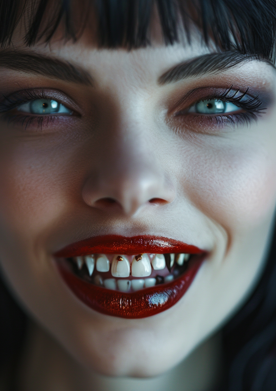 Close up of stunning model with vampire fangs