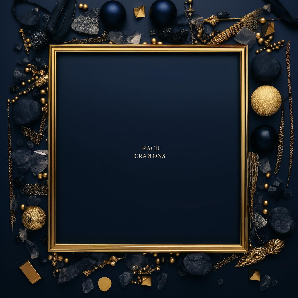 Dark blue background with gold frames