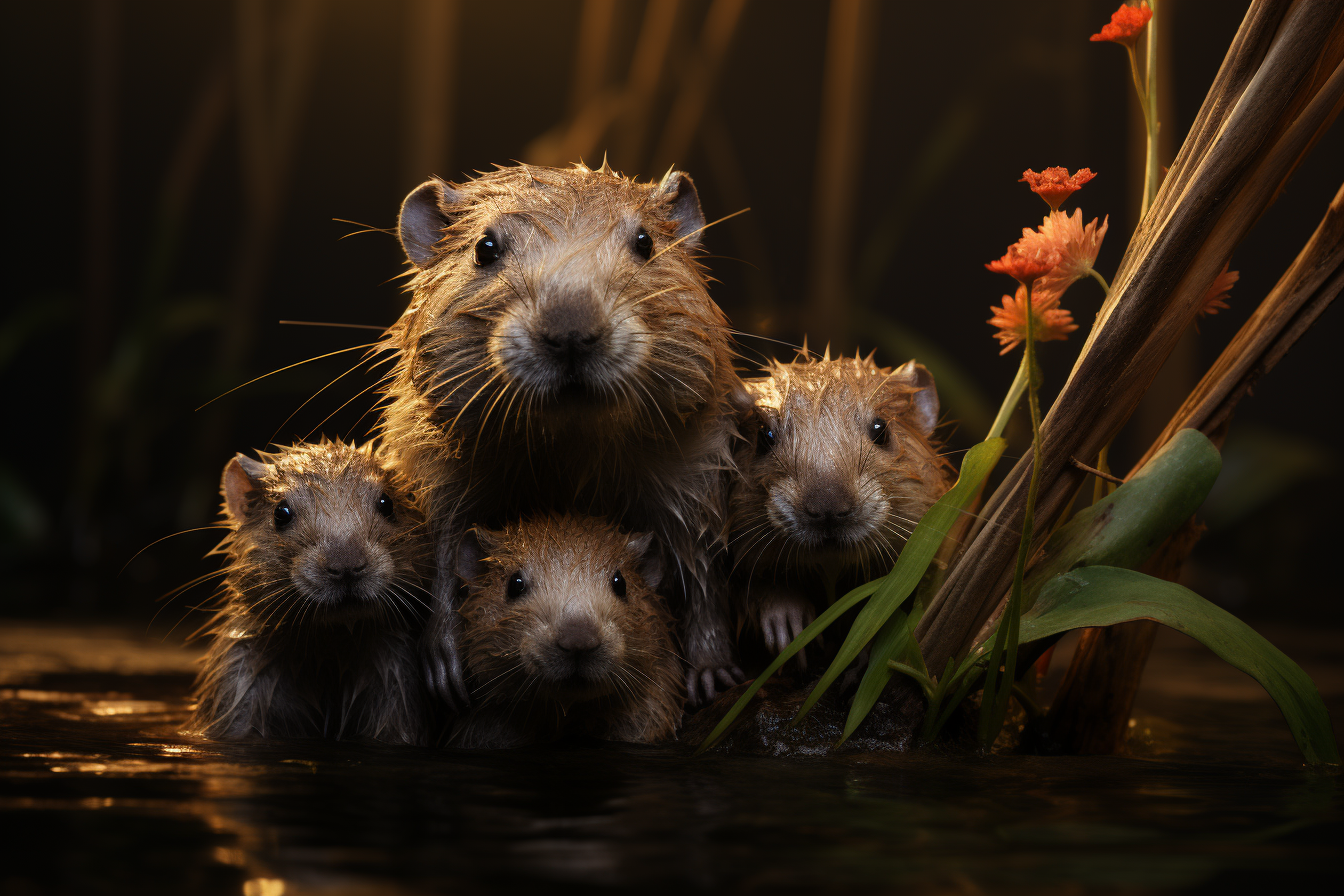 Beaver family portrait with intricate details in high resolution