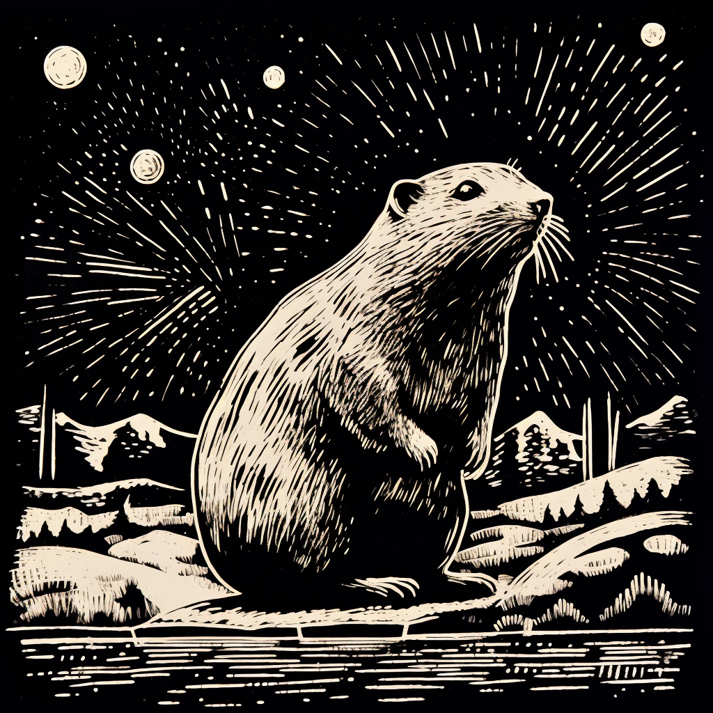 Black and white beaver with night sky linoleum stamp