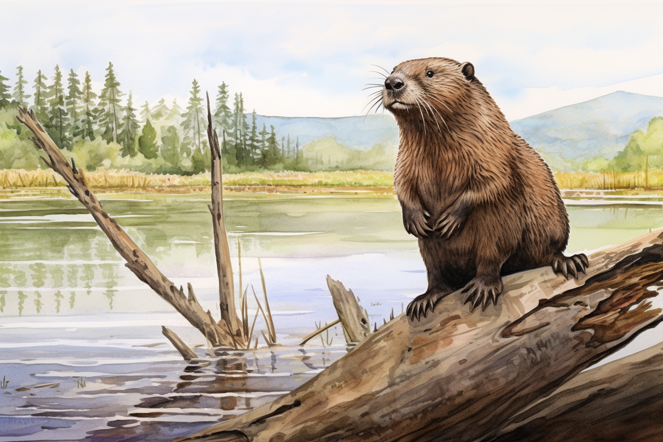 Beaver standing on hind legs by a fallen tree at the edge of a lake