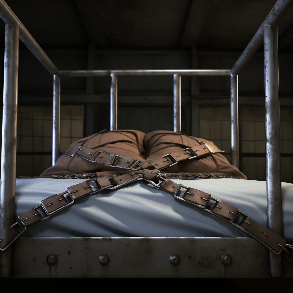 Photo of a bed with wrist and ankle restraints