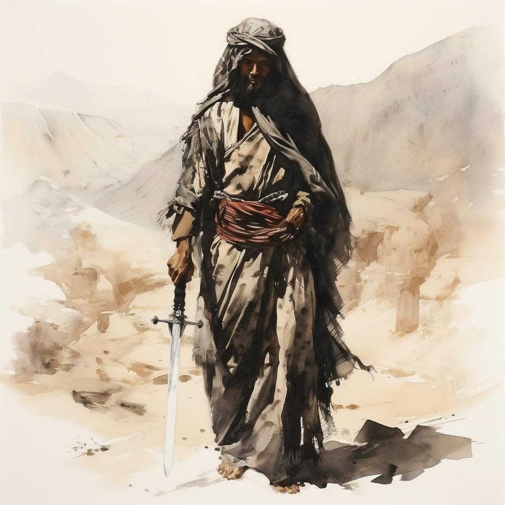 Bedouin with Arabic sword in desert