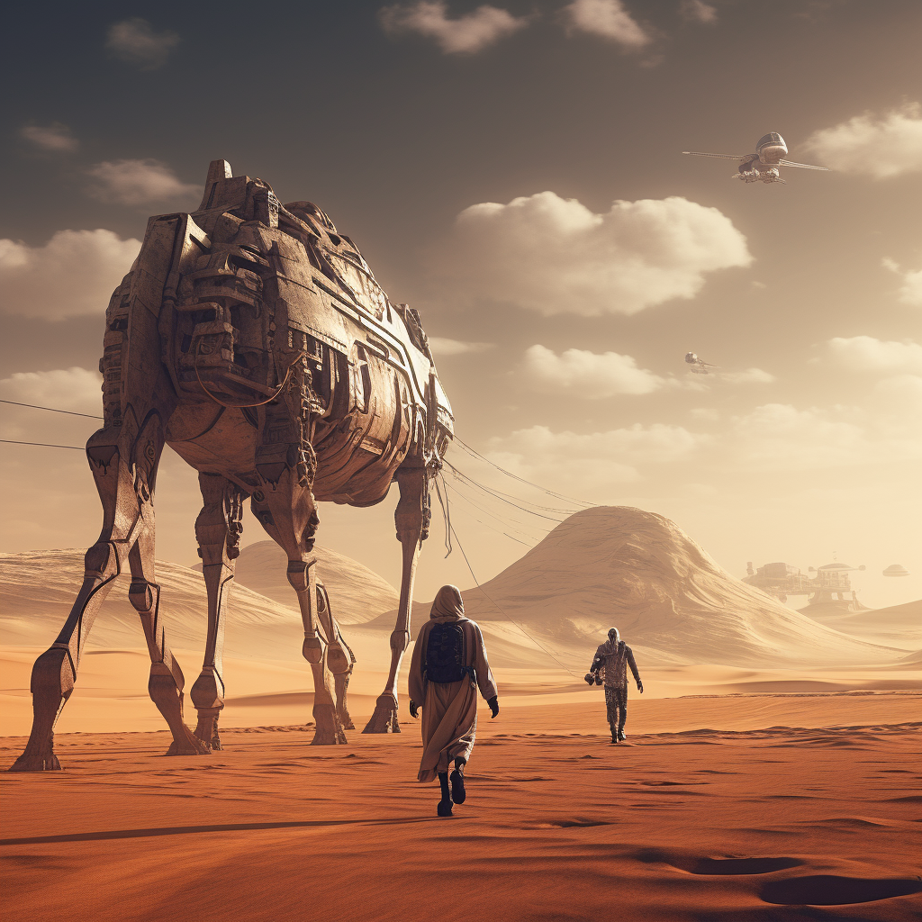 Bedouin walking in front of Maschine camel on desert planet