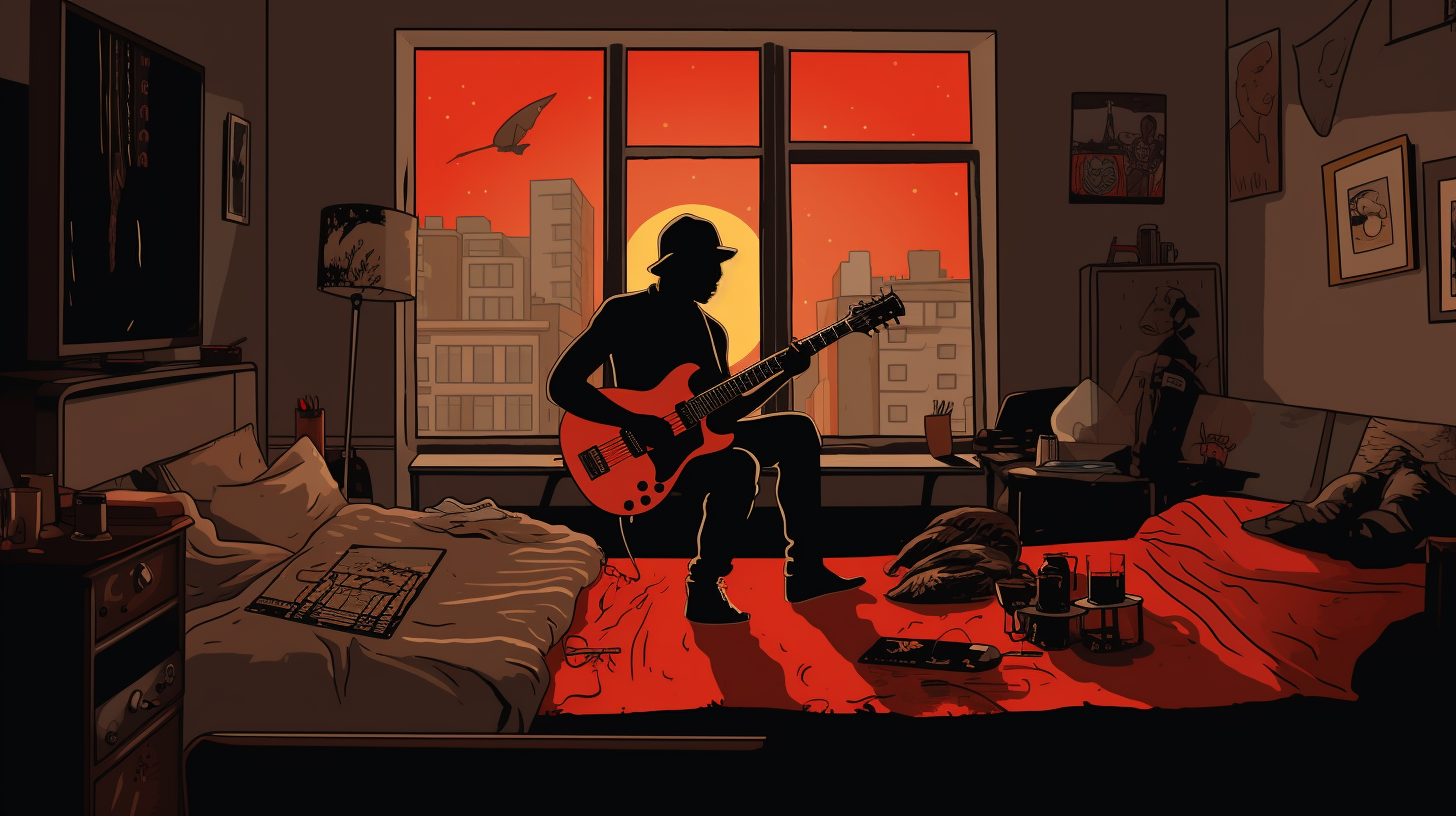 Bedroom musician playing black guitar