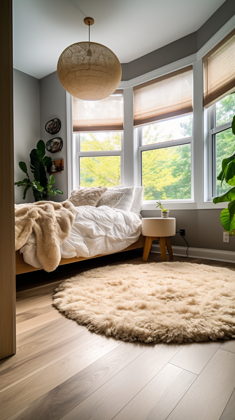 Interior of bedroom with white area rug