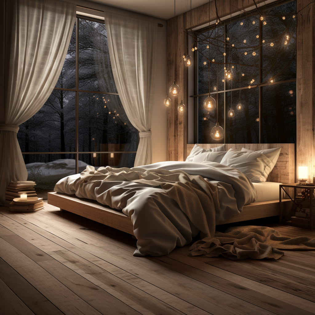 Cozy bedroom with wooden floor and big window at night