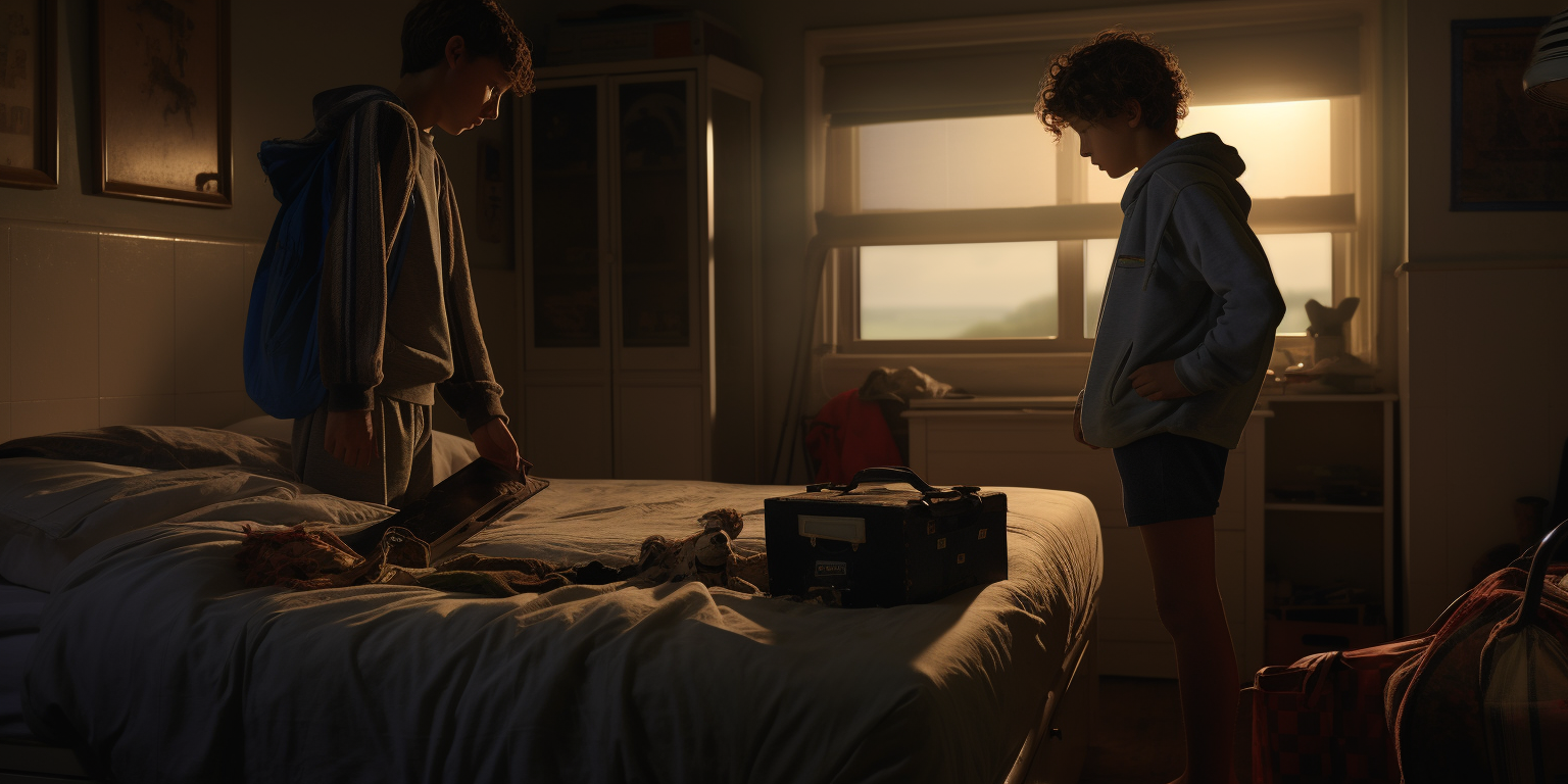 Young boy watching sister pack for university