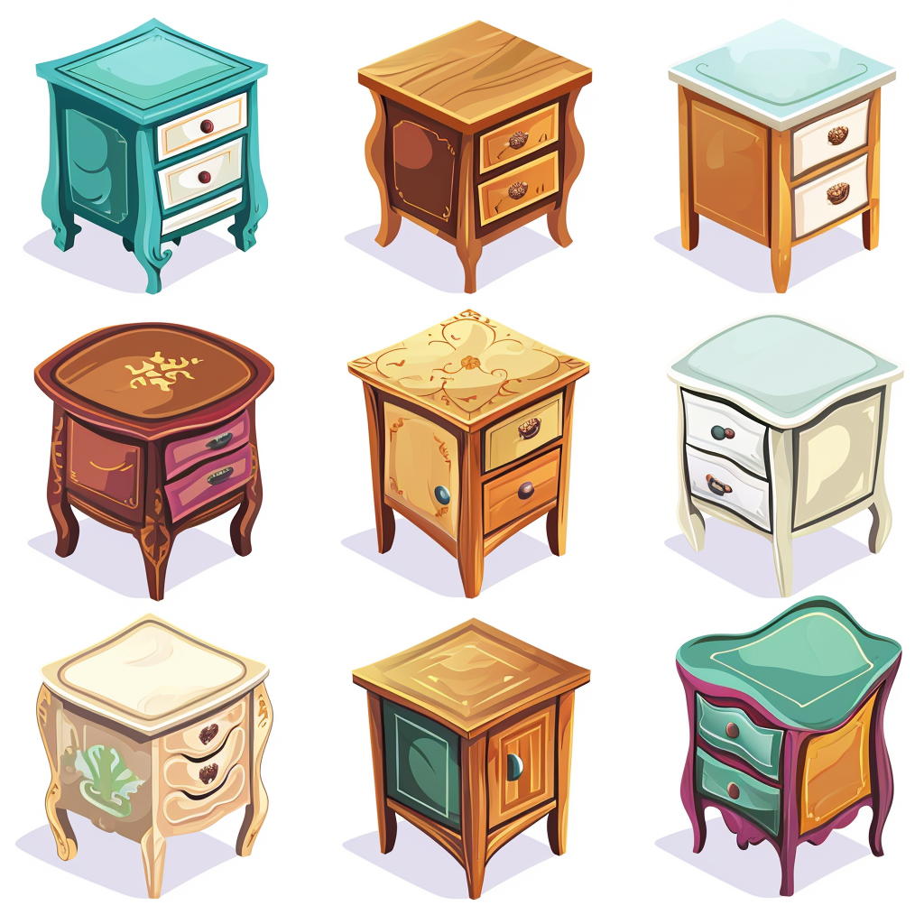 Cartoon-style bedside tables in desaturated colors