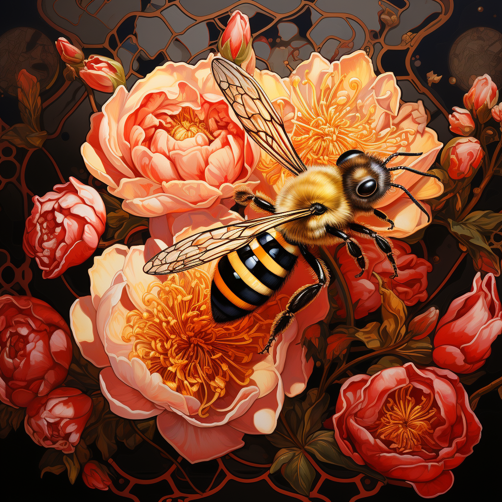 Honey bee with Banksy art deco flowering rose