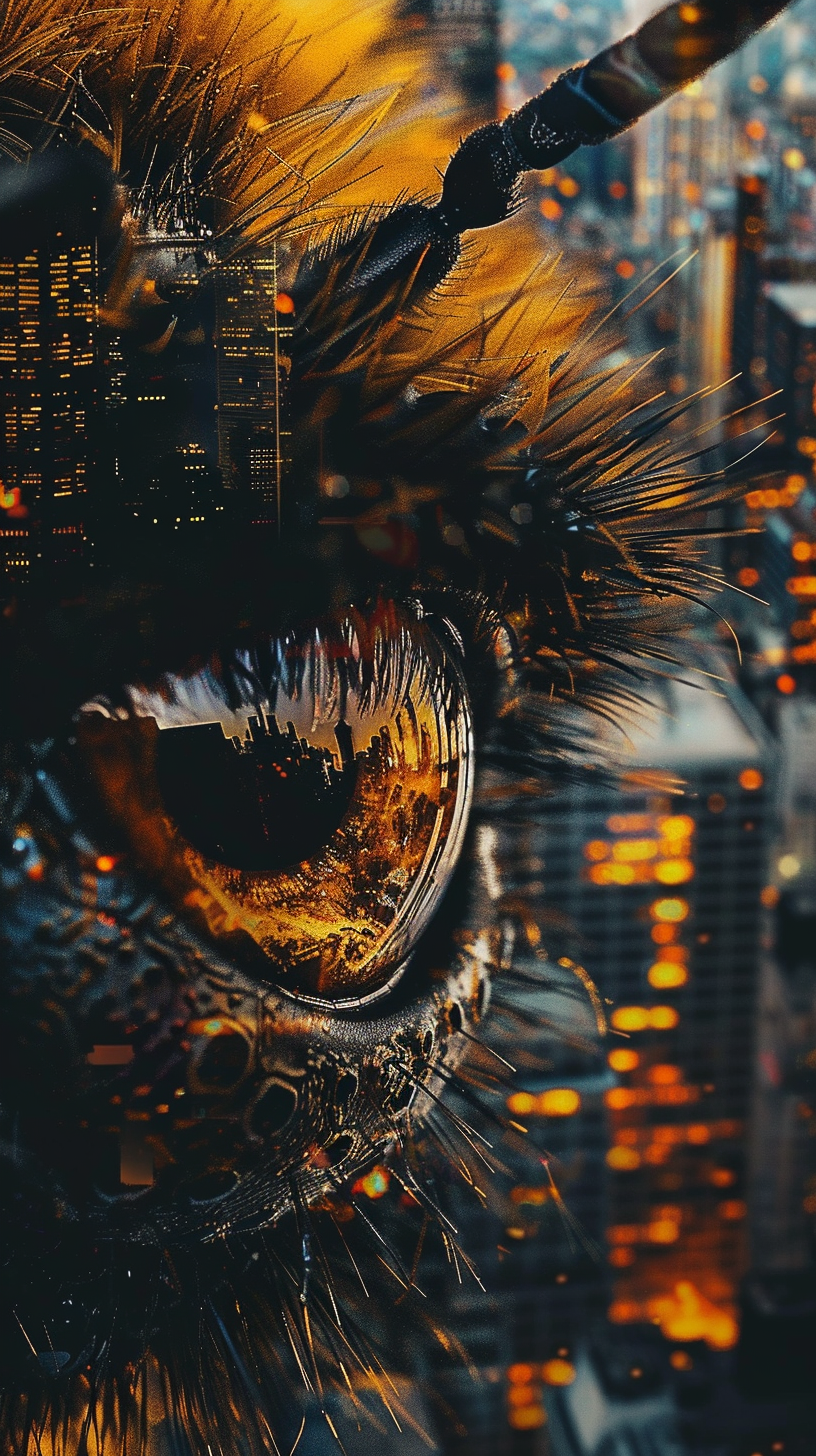 Bee's face with city reflection