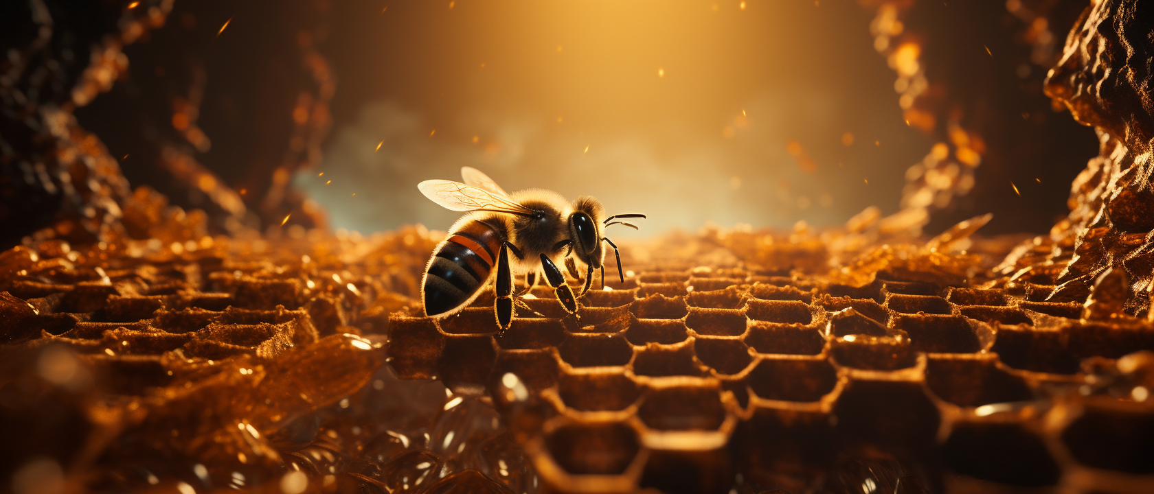 Small bee exploring honeycomb cells