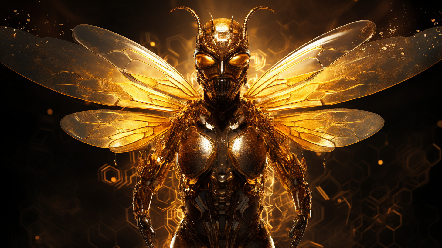 Golden Crystalline bee superhero on dark background