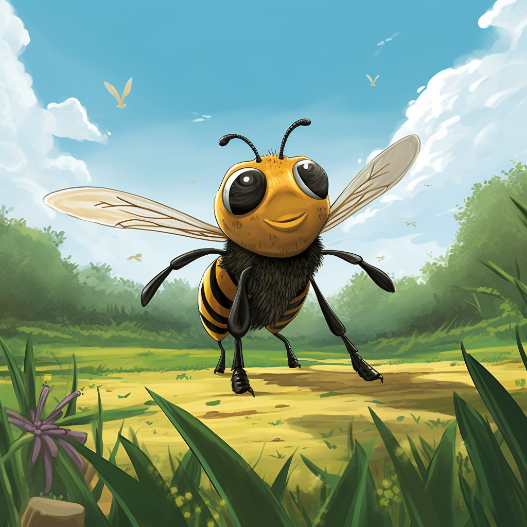 Adorable bee with sharp stinger in green field