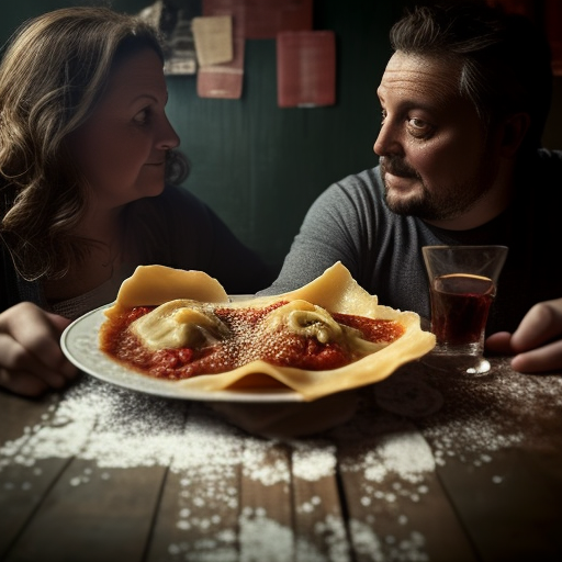 Two people enjoying beef ravioli