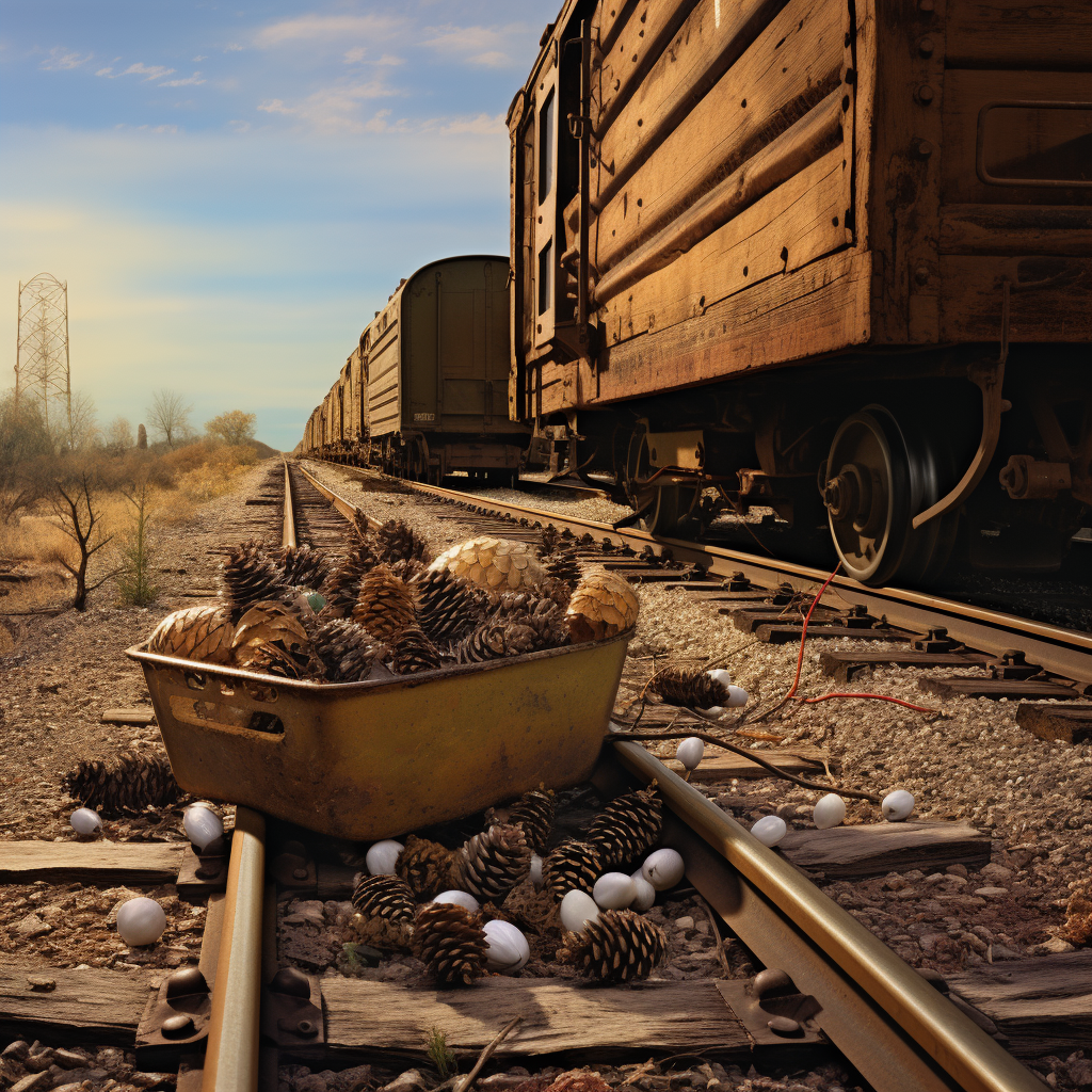 Image of beehive, quail, and boxcar on railroad