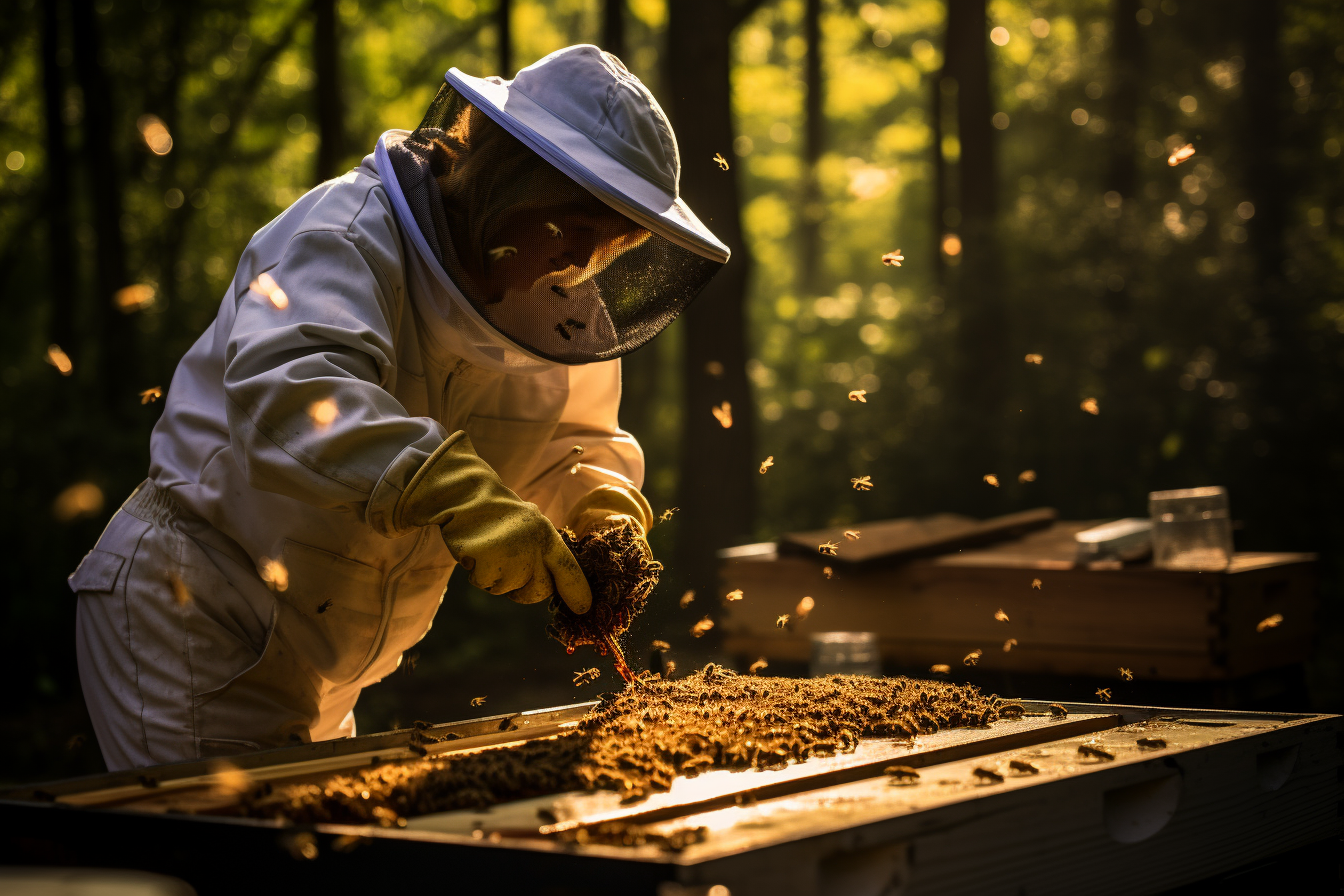 Beekeeper tending to bees in apiary