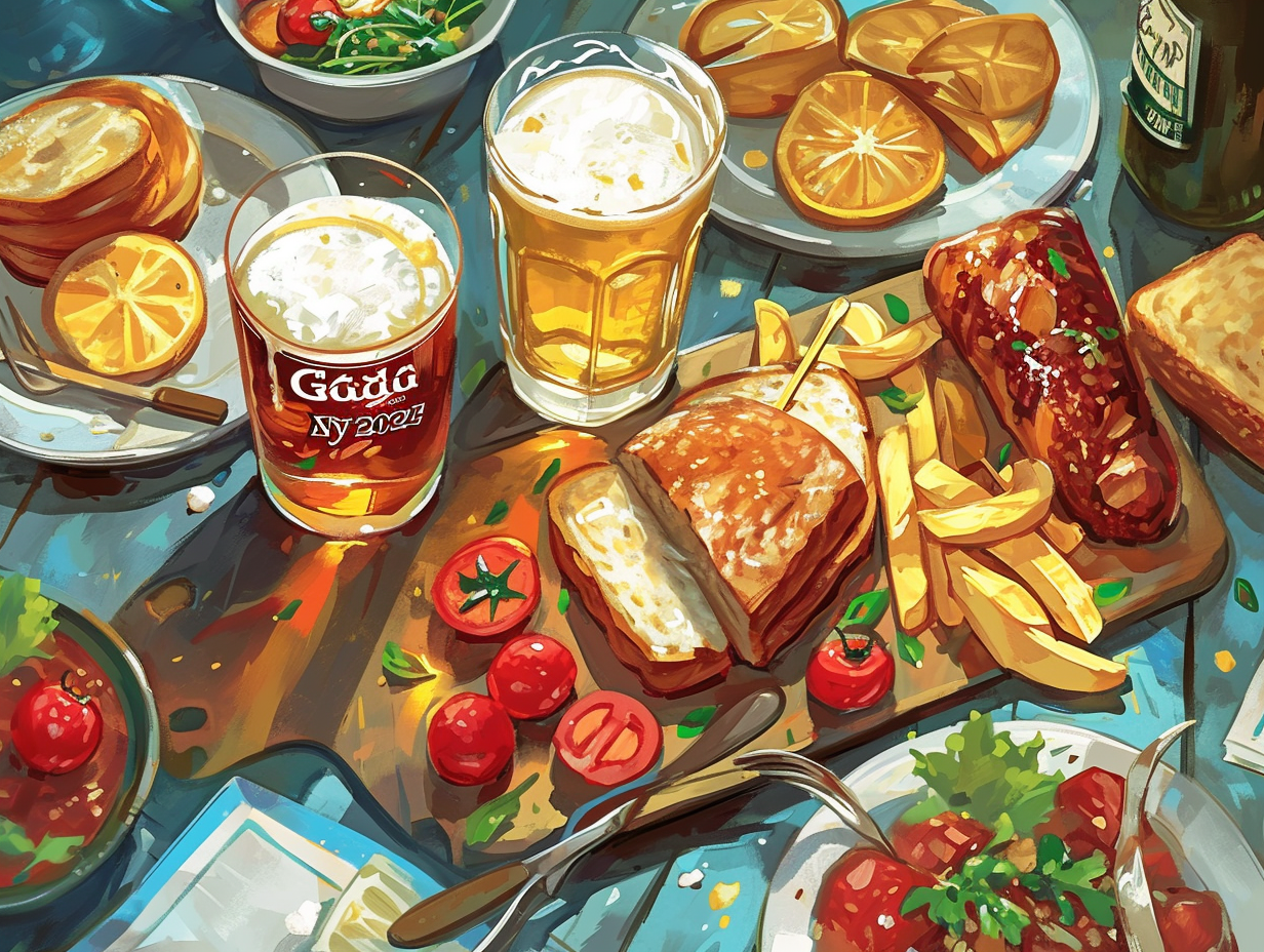 Illustration of beer and food for New Year's celebration