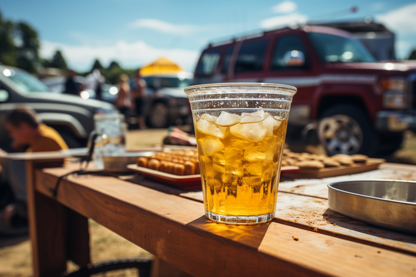 Beer glass on cooler at tailgate party