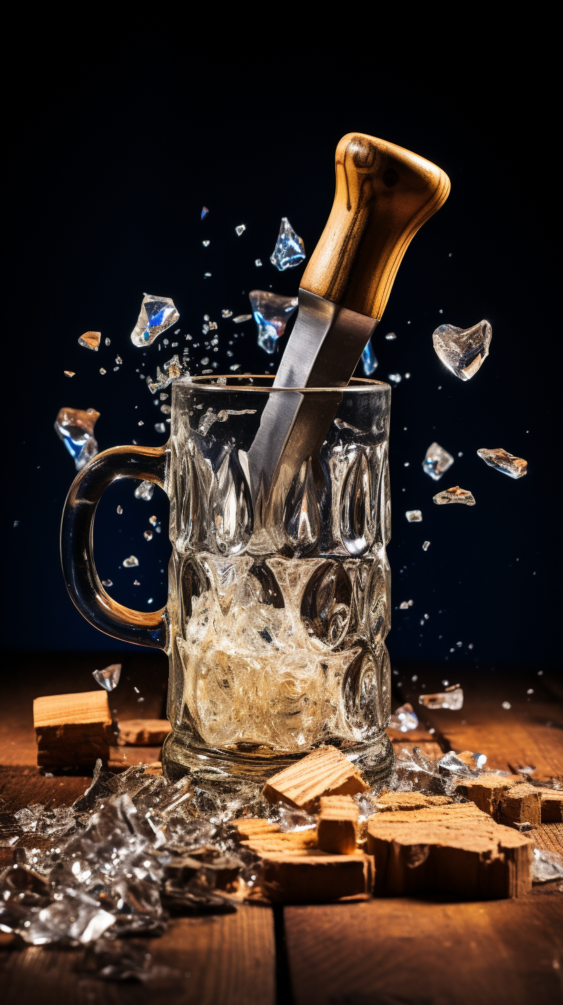 shattered beer mug with broken glass