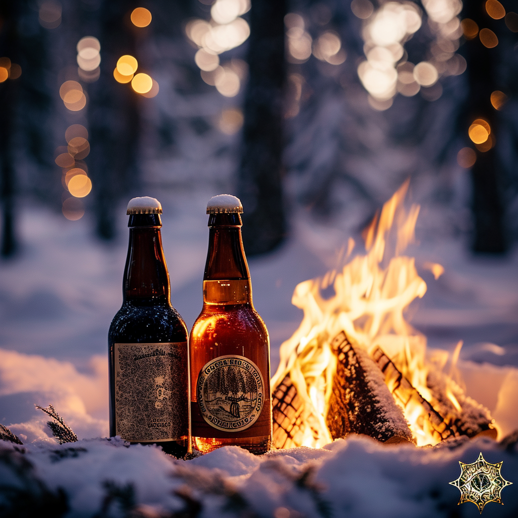 Beer and Wine Bottles Bonfire Winter Forest