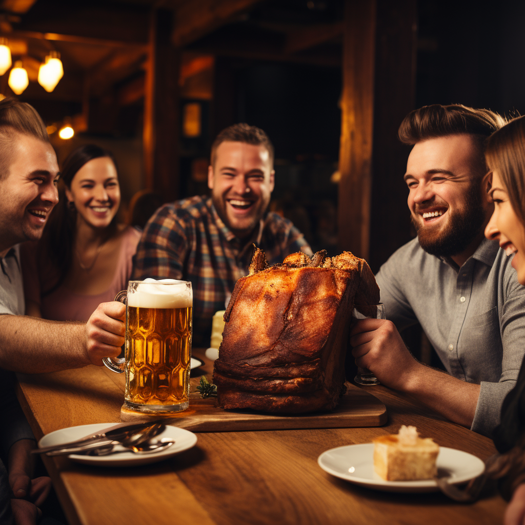 Happy people at a table with a beer mug