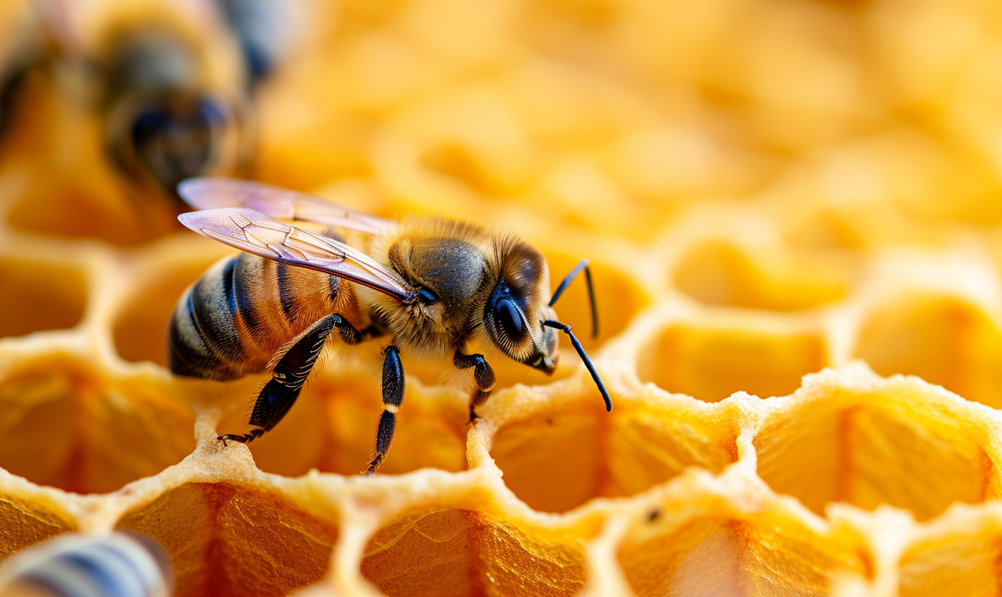 Bees on honeycomb bright background