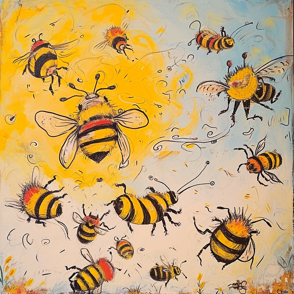 Colorful child's drawing of bees having a party